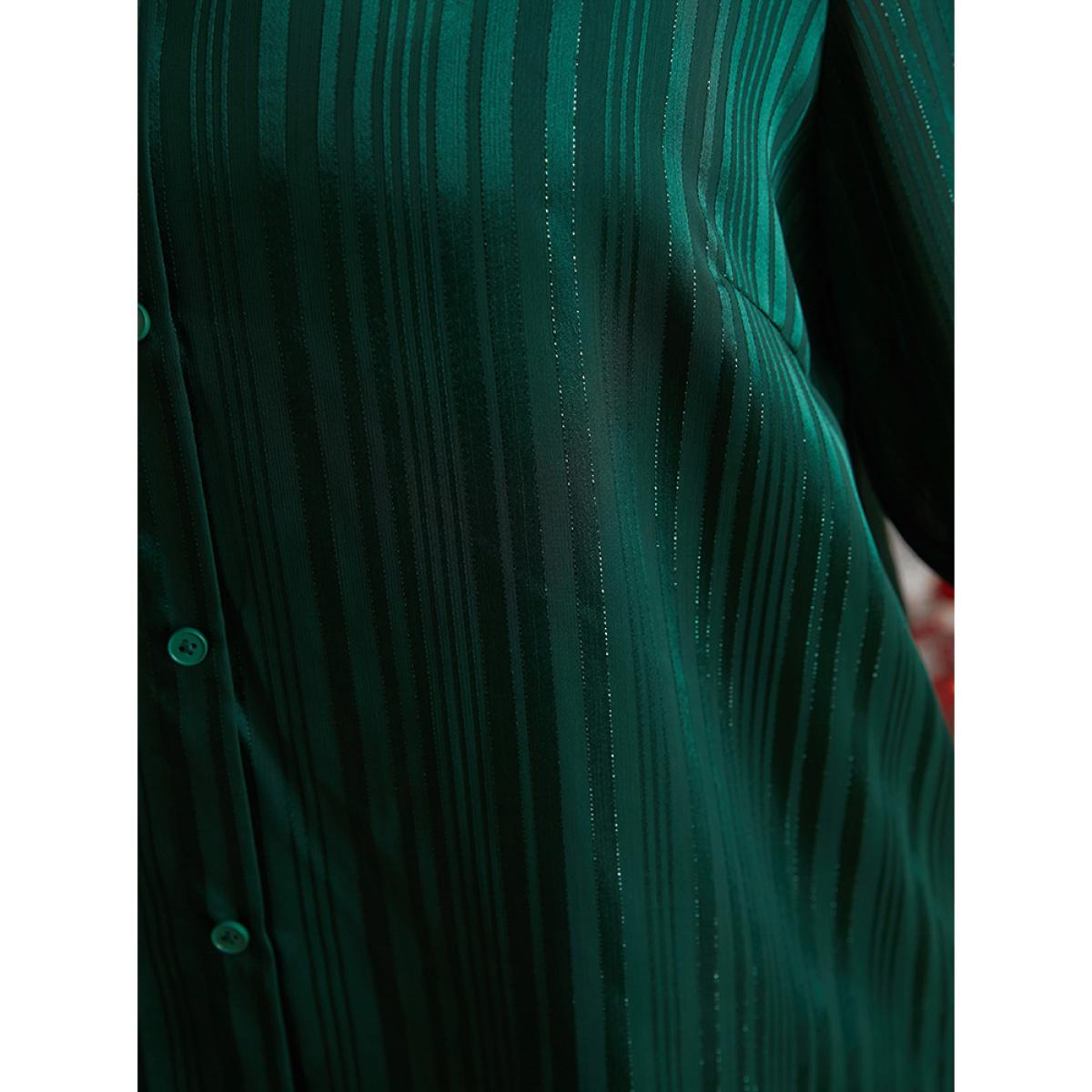 Plus Size Green Glitter Striped V Neck Button Detail Blouse Women Casual Long Sleeve V-neck Festival-Christmas Blouses BloomChic 18-20/2X Product Image