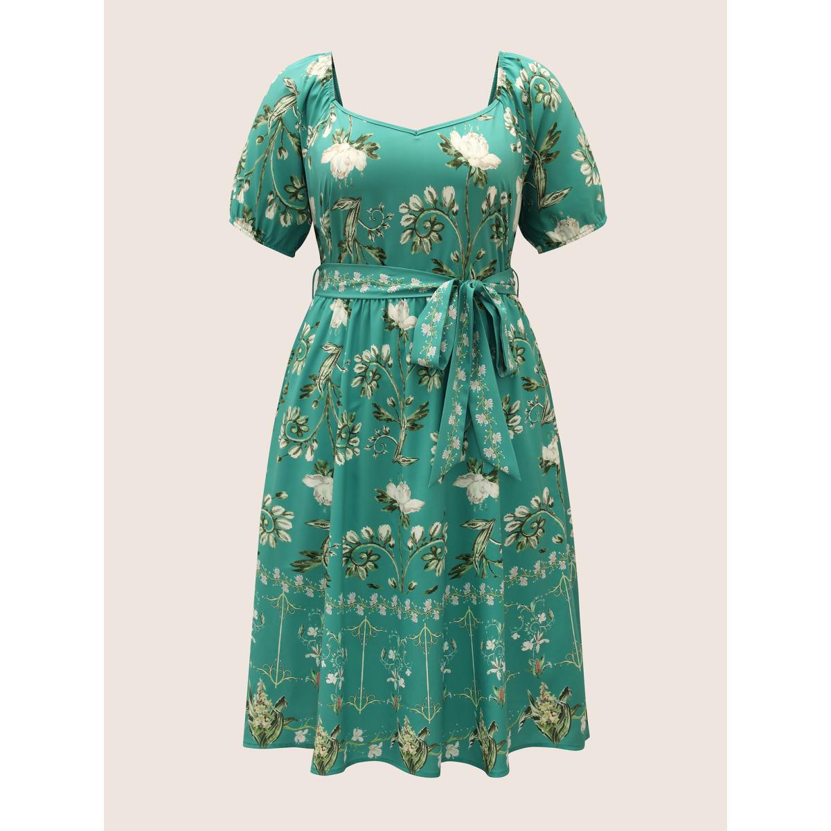 Plus Size Heart Neckline Boho Print Raglan Sleeve Dress Emerald Women Elegant Gathered Heart neckline Short sleeve Curvy BloomChic 12/L Product Image