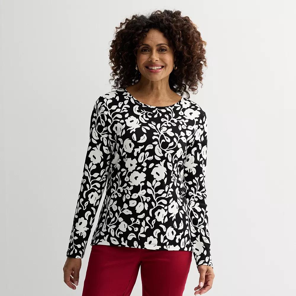 Women's Croft & Barrow® Essential Long-Sleeve Crewneck Tee, Size: Medium, Black Chic Floral Product Image