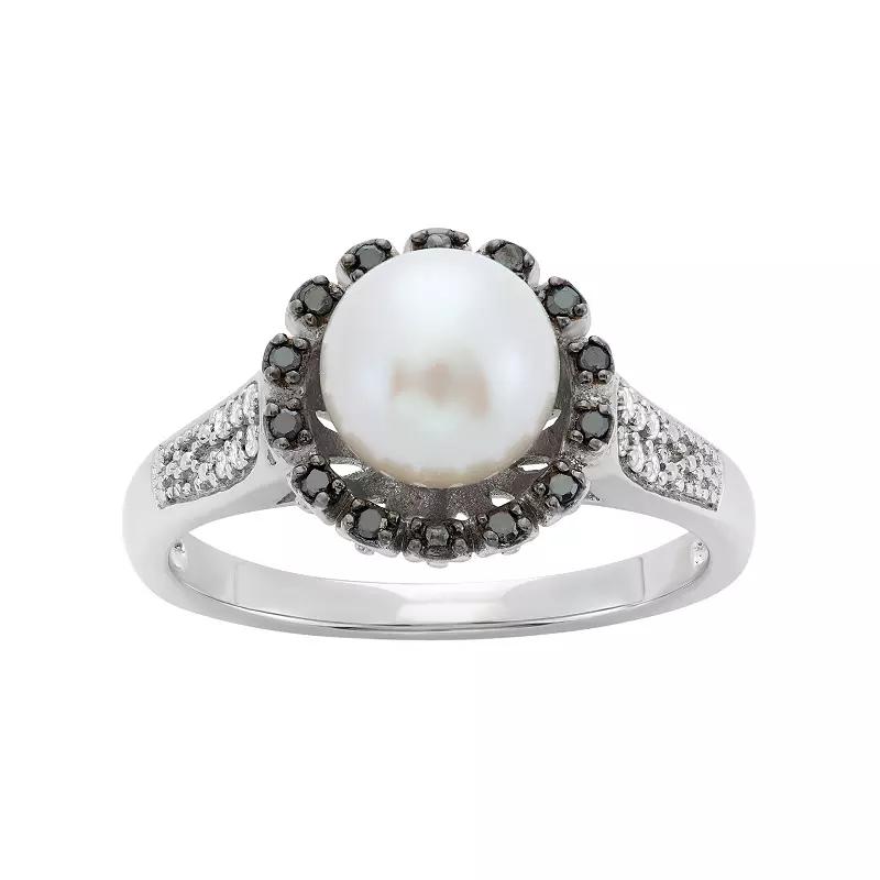 Freshwater Cultured Pearl 18 Carat Black White Diamond Sterling Silver Flower Ring, Women's,  Product Image