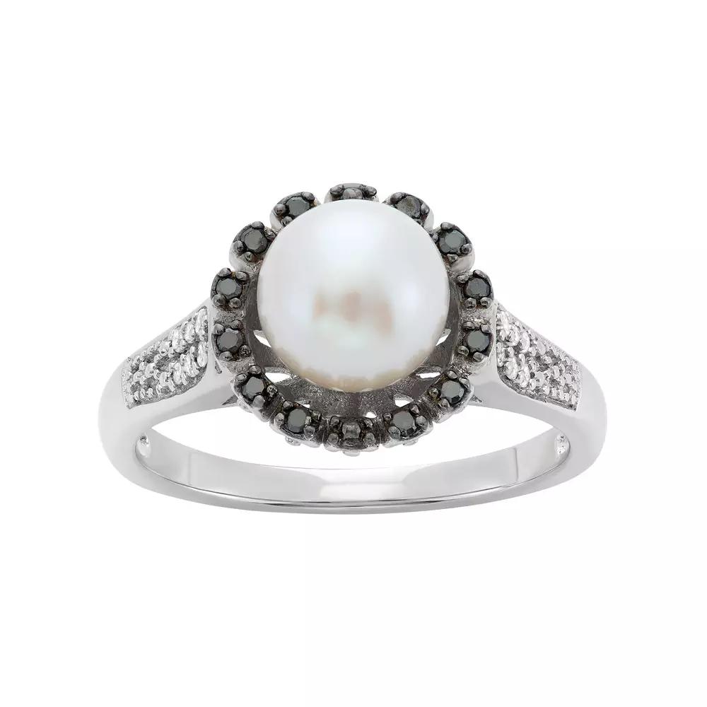Freshwater Cultured Pearl 18 Carat Black White Diamond Sterling Silver Flower Ring, Women's,  Product Image