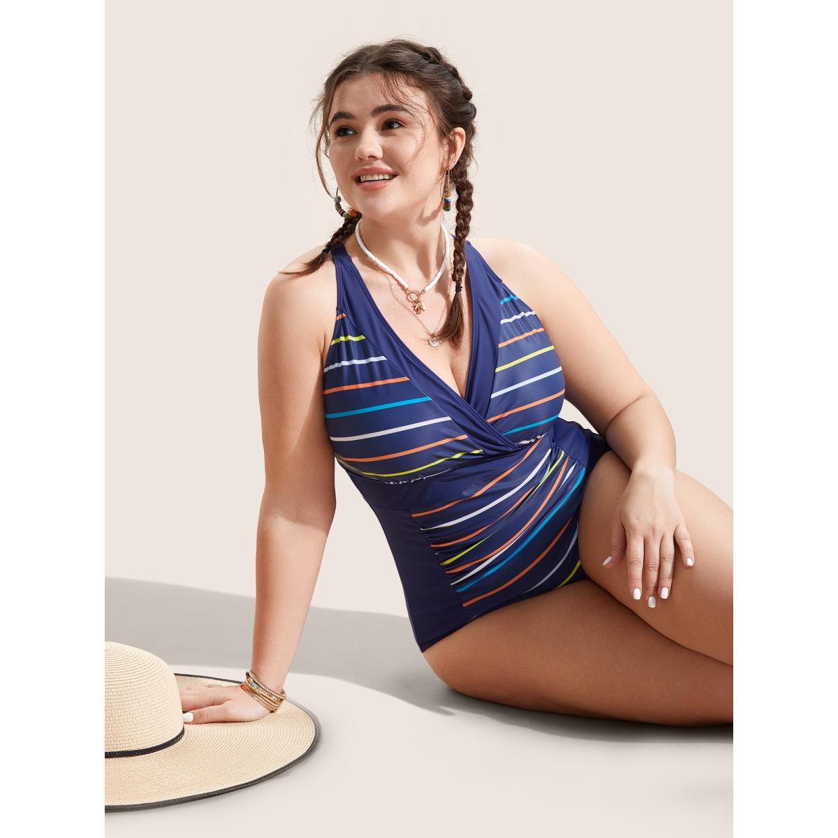 Plus Size Striped Overlap Collar Ruched One Piece Swimsuit Women's Swimwear DarkBlue Beach Gathered Curve Bathing Suits High stretch One Pieces BloomChic 30/6X Product Image