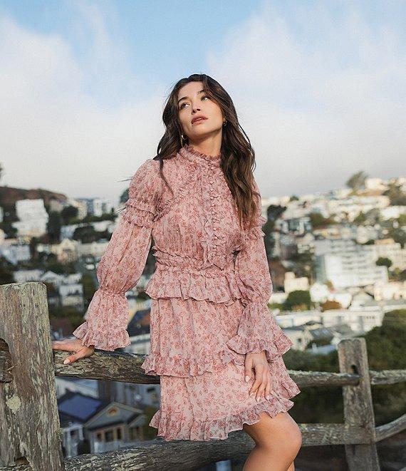 Mac Duggal Floral Print Chiffon Mock Neck Long Flare Sleeve Button Front Ruffle Tiered Mini Dress Product Image