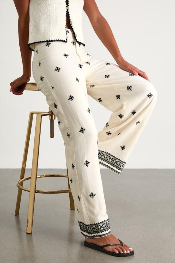 Elwen Cream and Black Linen Embroidered High-Rise Pants Product Image
