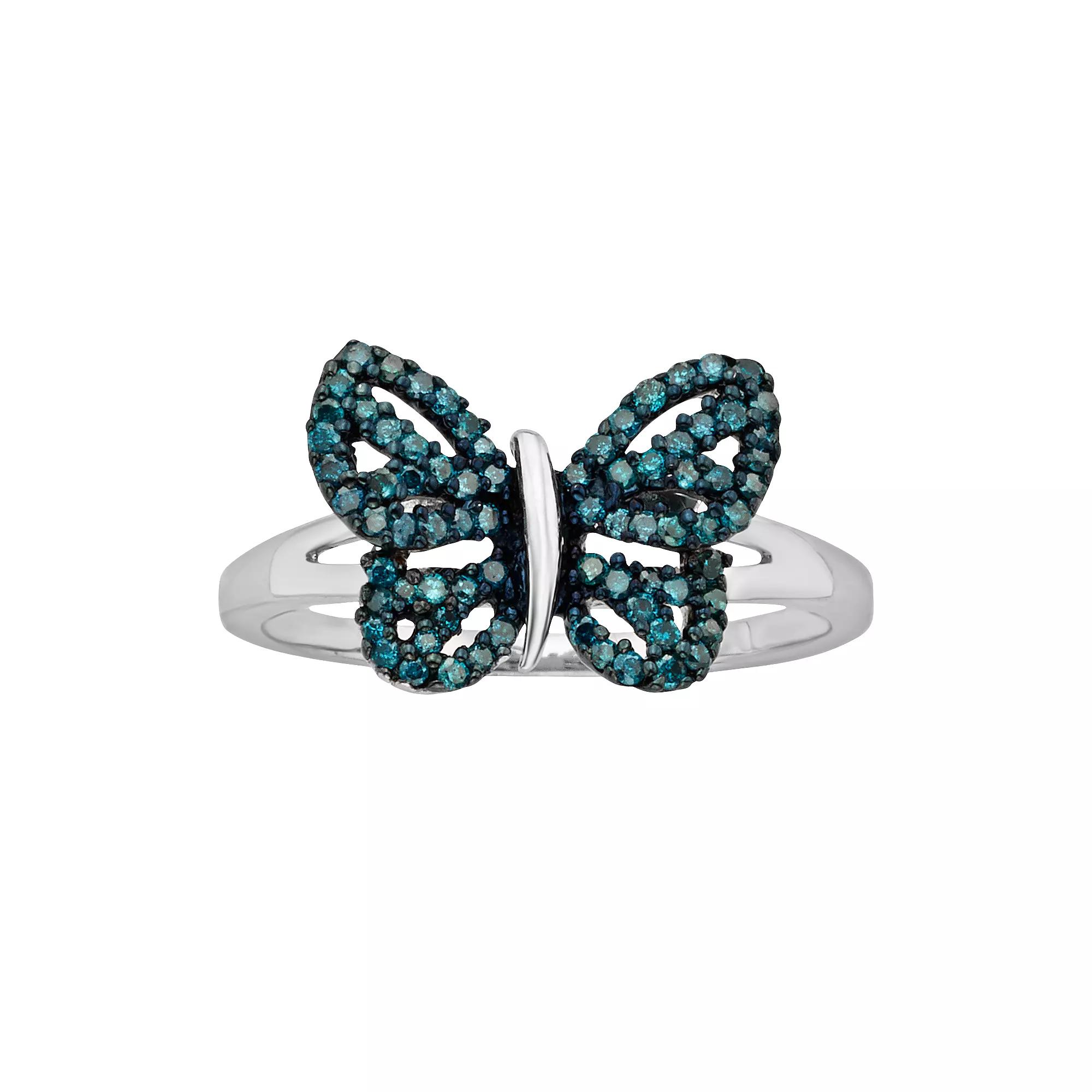 Jewelexcess Sterling Silver Two-Tone 1/4-ct. T.W. Blue Diamond Butterfly Ring, Women's, Size: 8 Product Image
