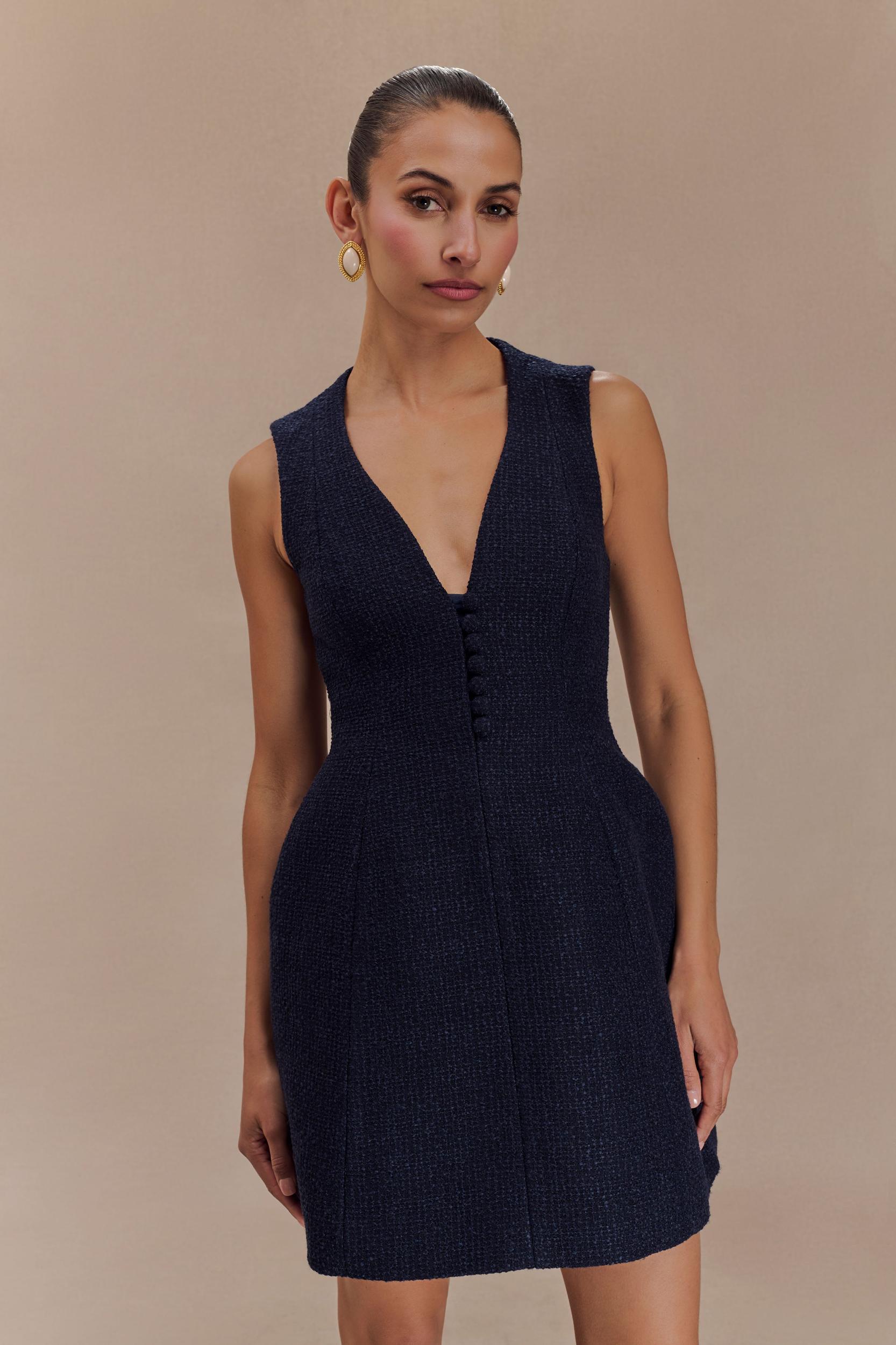 Danna Boucle Mini Dress With Pleats - Midnight Blue Product Image