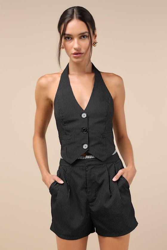 Exceeding Poise Black Pinstriped Halter Vest Product Image