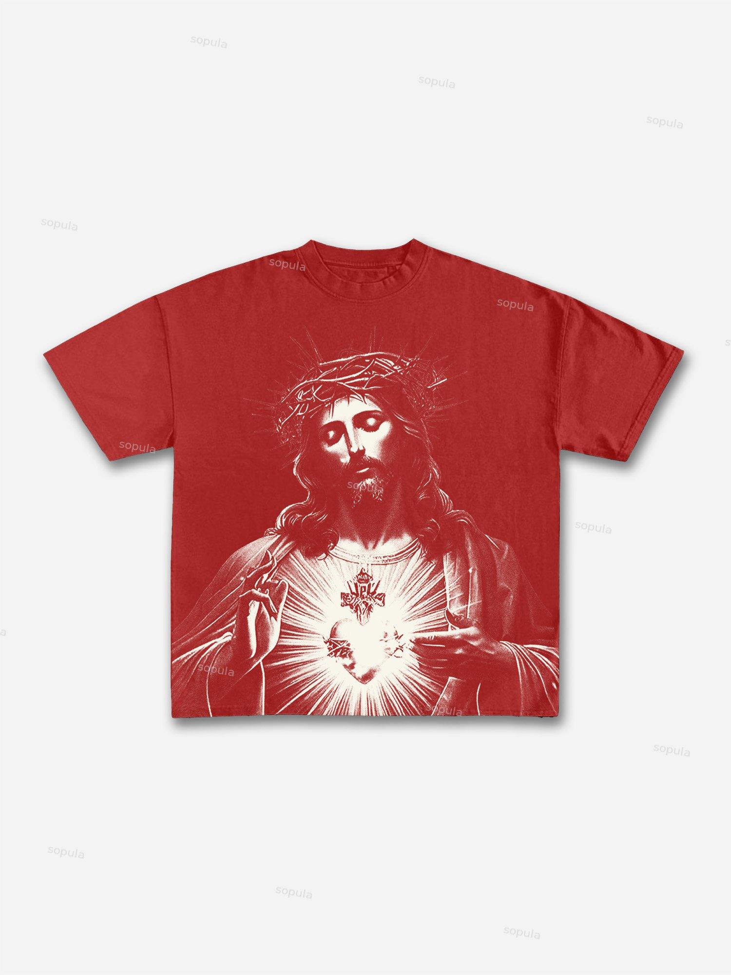 Vintage Jesus Print Cotton T-shirt Product Image