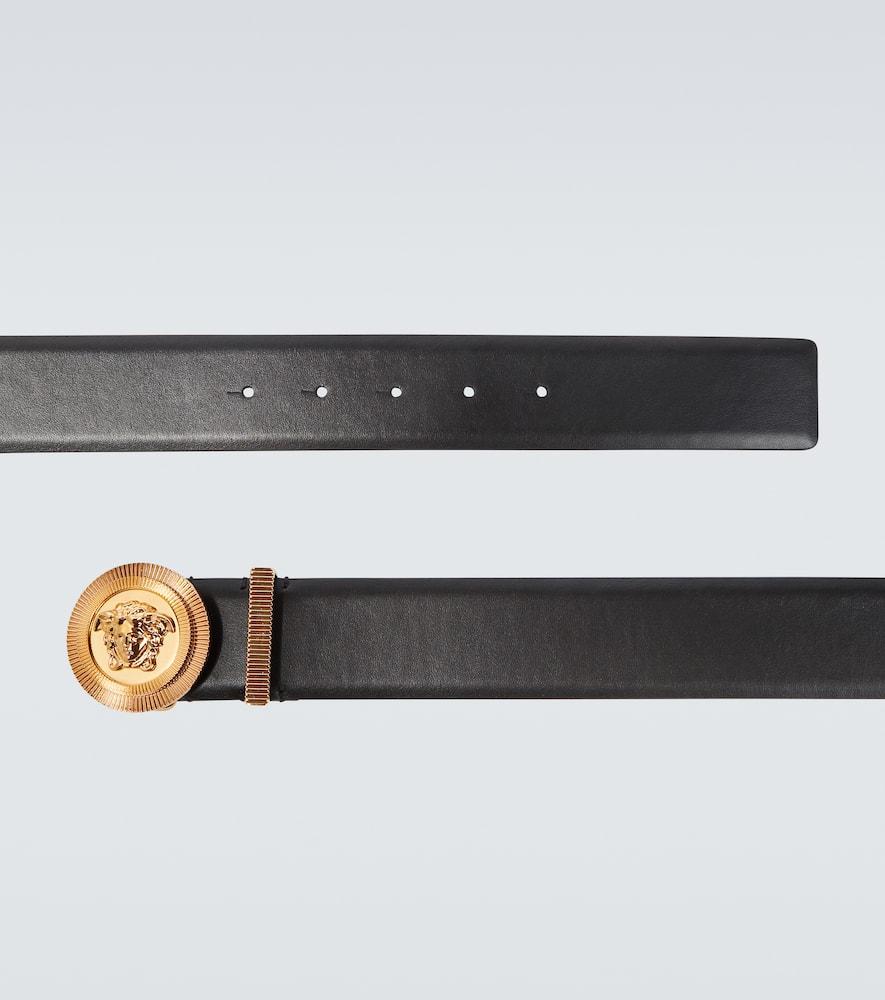 VERSACE Medusa Streamlined Leather Belt With Adjustable Length And Gold-tone Buckle In Black Product Image