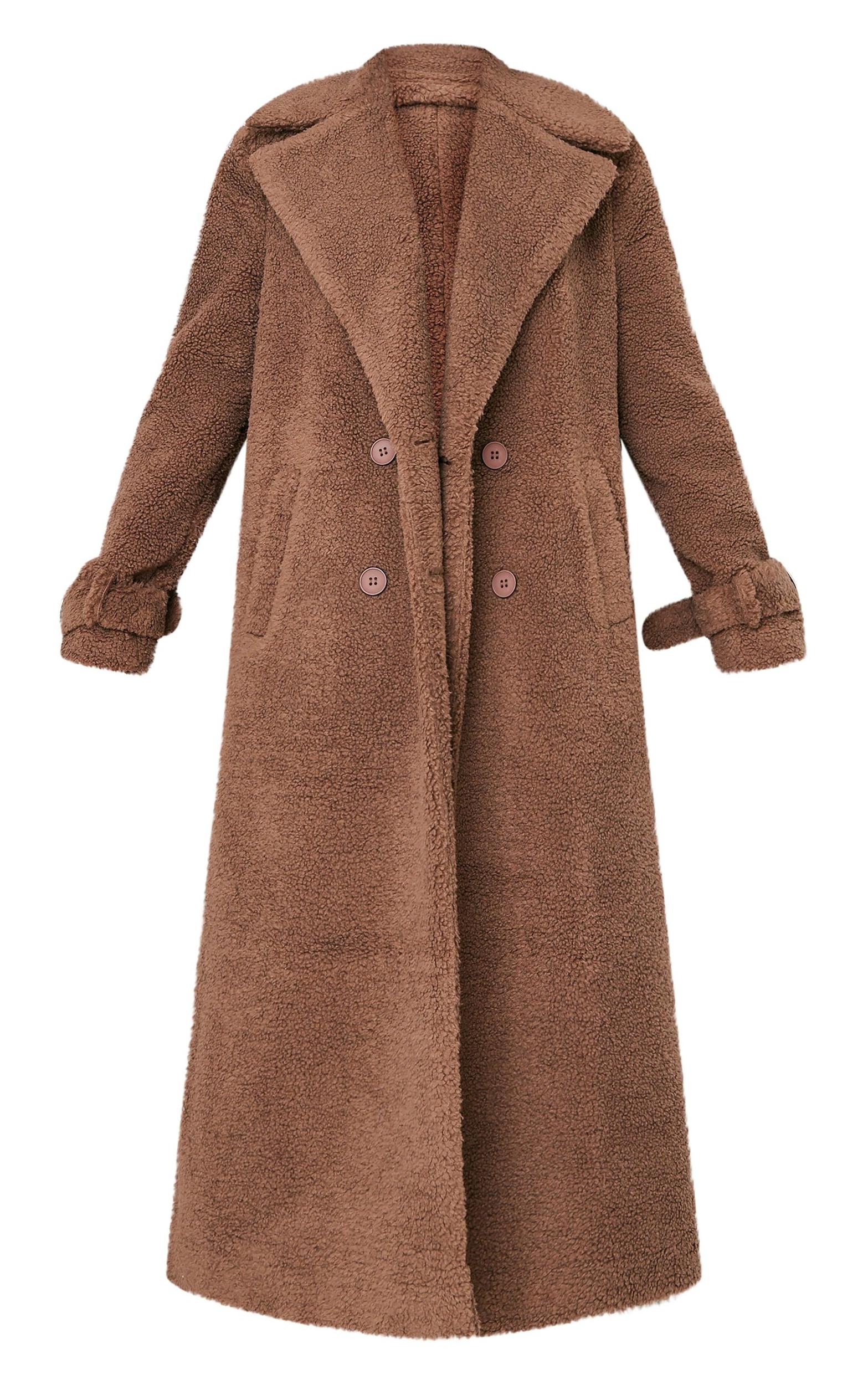 Petite Taupe Borg Double Breasted Maxi Coat Product Image