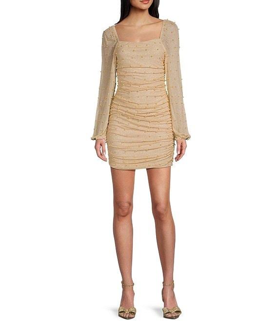 Honey and Rosie Long Sleeve Glitter Knit With Pearls Shirred Fitted Dress Product Image