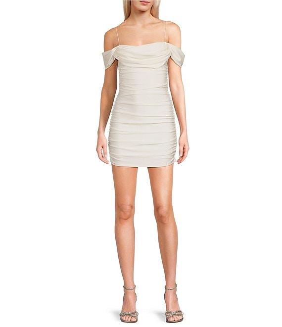 B. Darlin Off The Shoulder Spaghetti Strap Shirred Bodycon Dress Product Image