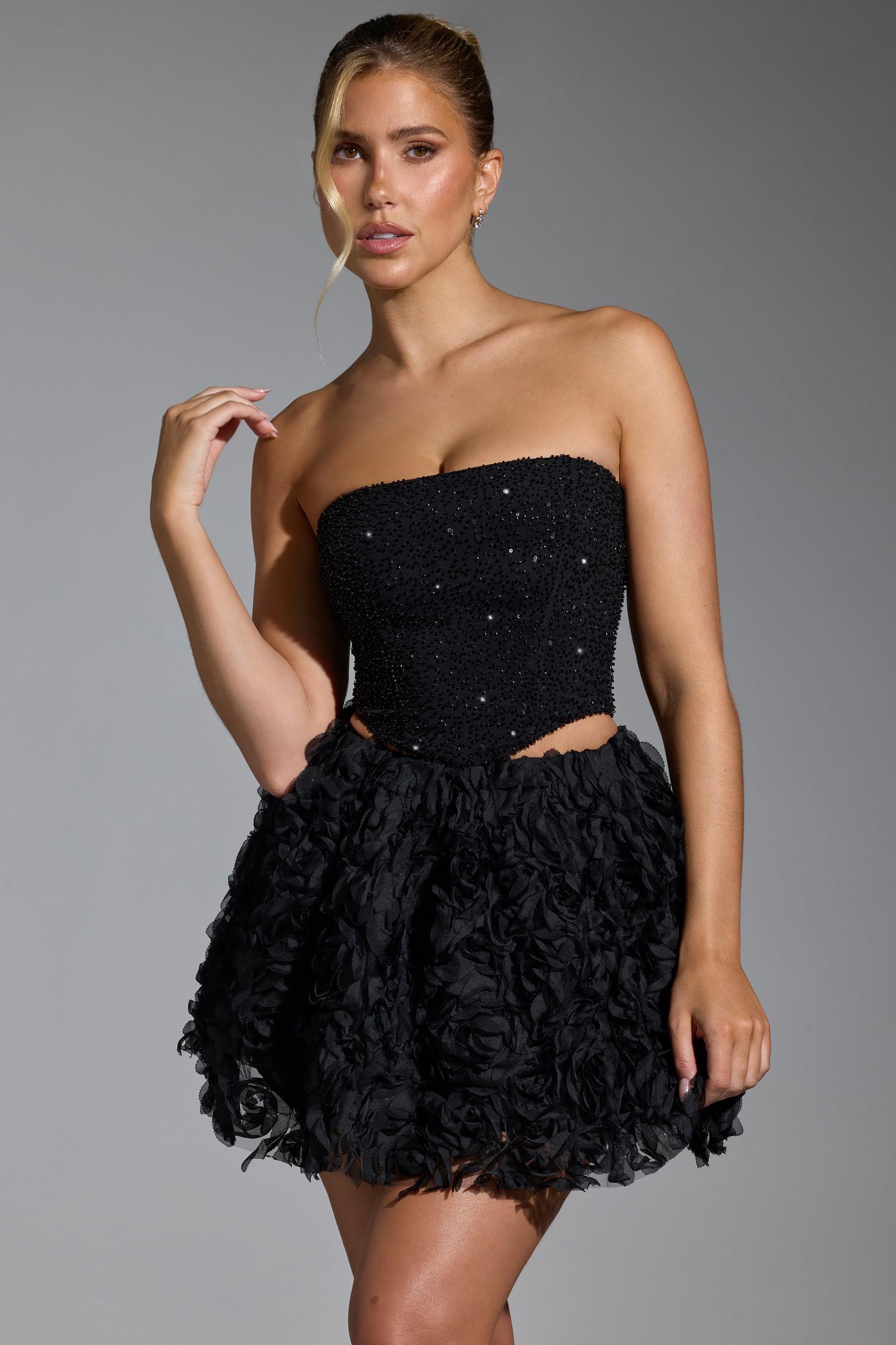 Floral-Appliqué Mini Skirt in Black Product Image