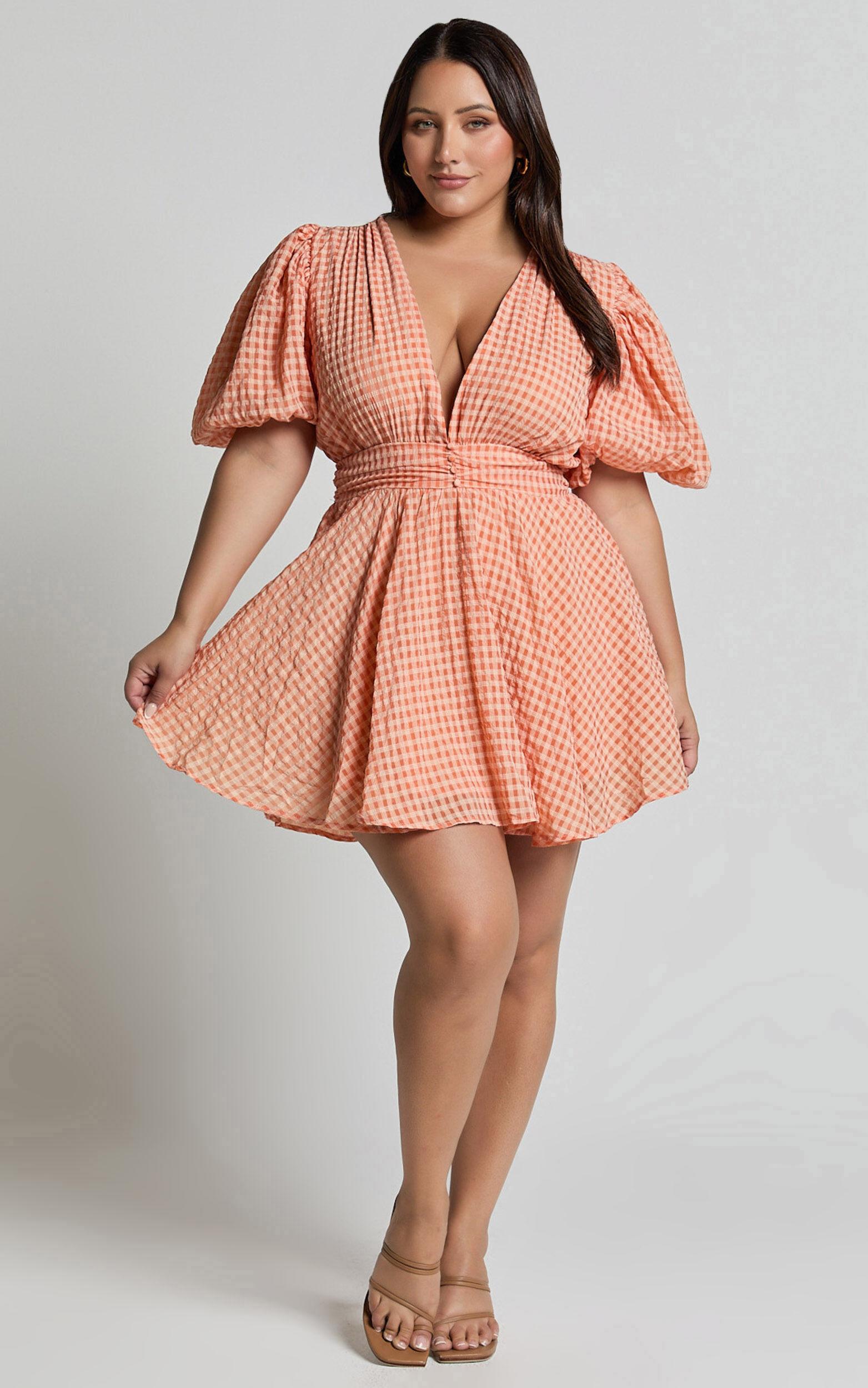 Xandy Mini Dress - Textured Puff Sleeve Plunge Dress in Peach Product Image