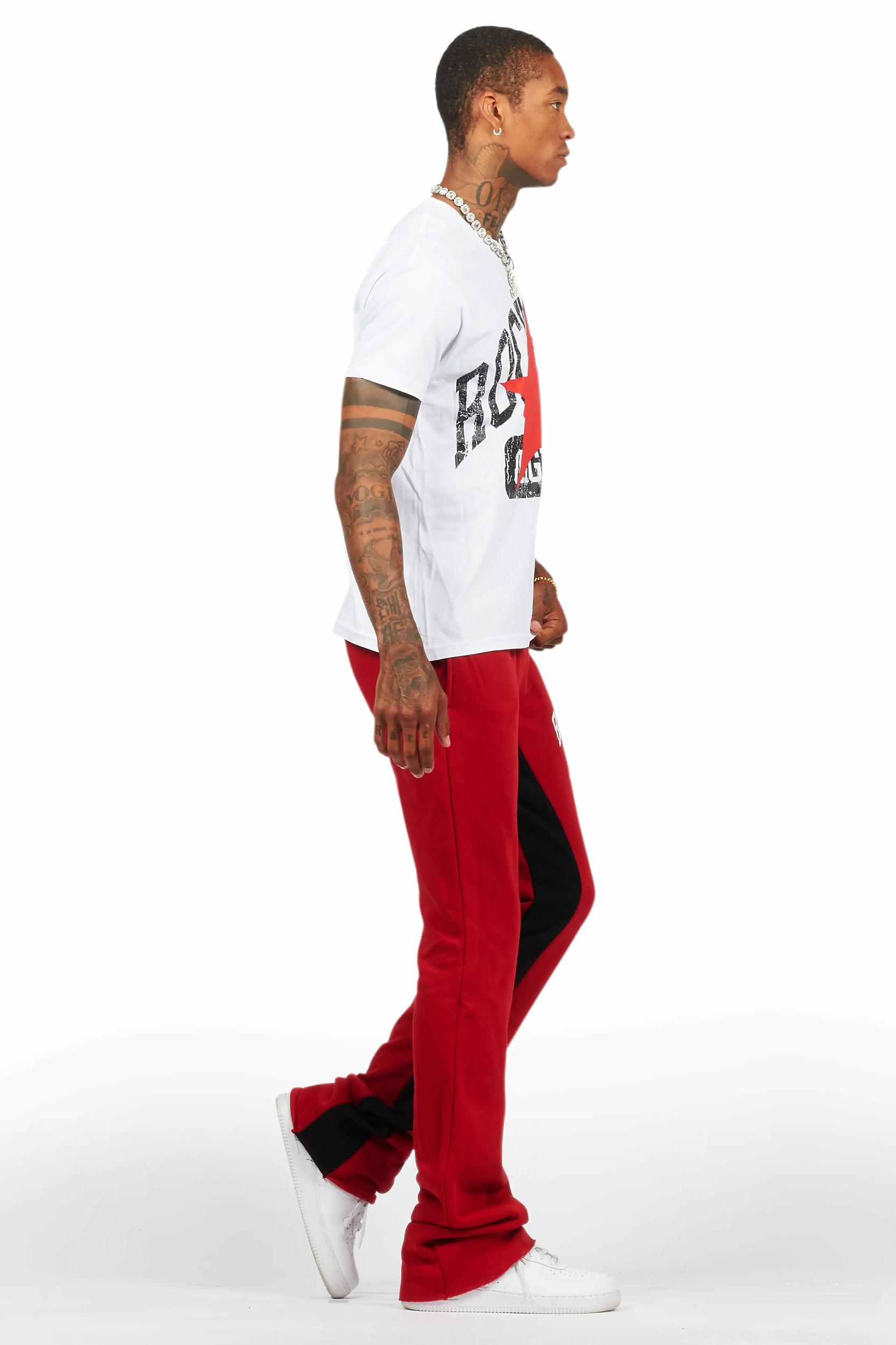 Mallor White/Burgundy T-Shirt/Stacked Baggy Track Pant Set Male Product Image