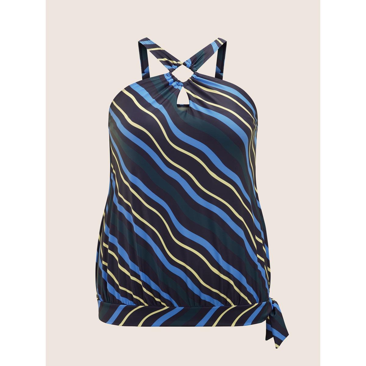 Plus Size Striped Keyhole Tie Knot Swim Top Women's Swimwear Cerulean Beach Tie knot High stretch Bodycon Asymmetrical Neck Curve Swim Tops BloomChic 18-20/2X Product Image