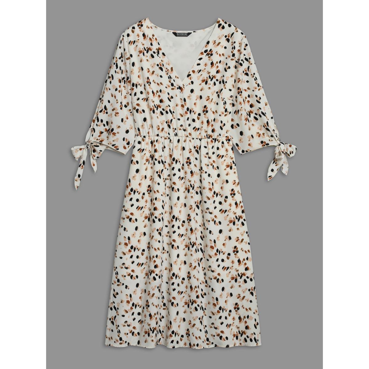 Plus Size Printed Stretchy Waist-Cinched Midi Dress Apricot Women Elegant Tie knot V-neck Elbow-length sleeve Curvy BloomChic 30/6X Product Image