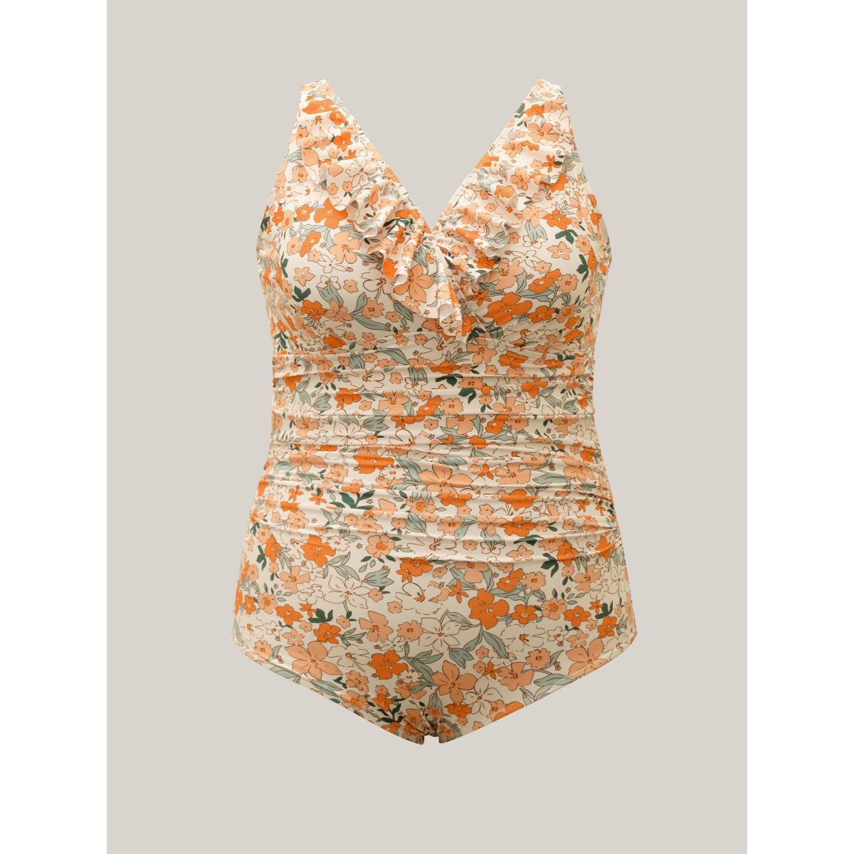 Plus Size Floral Knotted Mesh One-Piece,Sarong Women's Swimwear Multicolor Beach Gathered Curve Bathing Suits High stretch One Pieces BloomChic 10/M Product Image