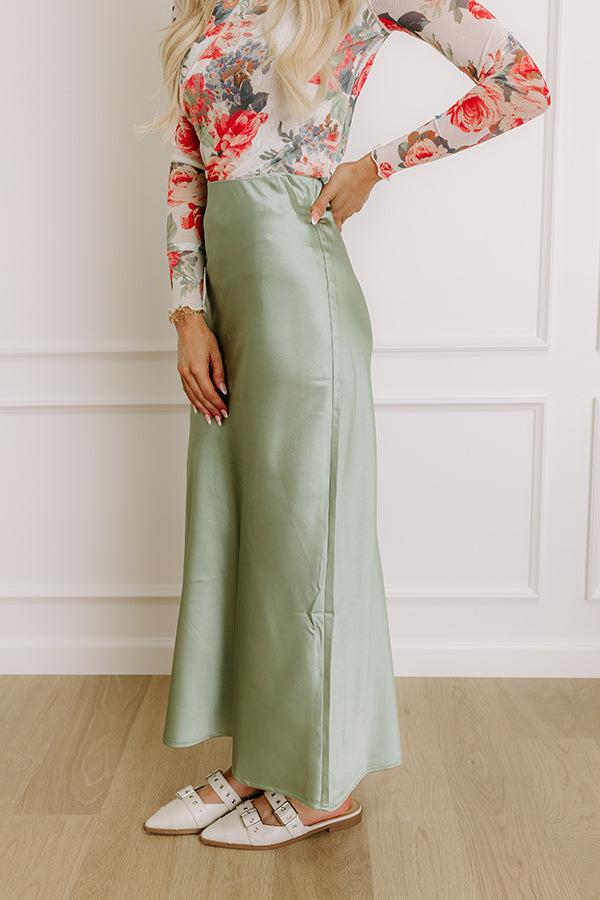 The Tiffany High Waist Satin Midi Skirt in Sage Product Image