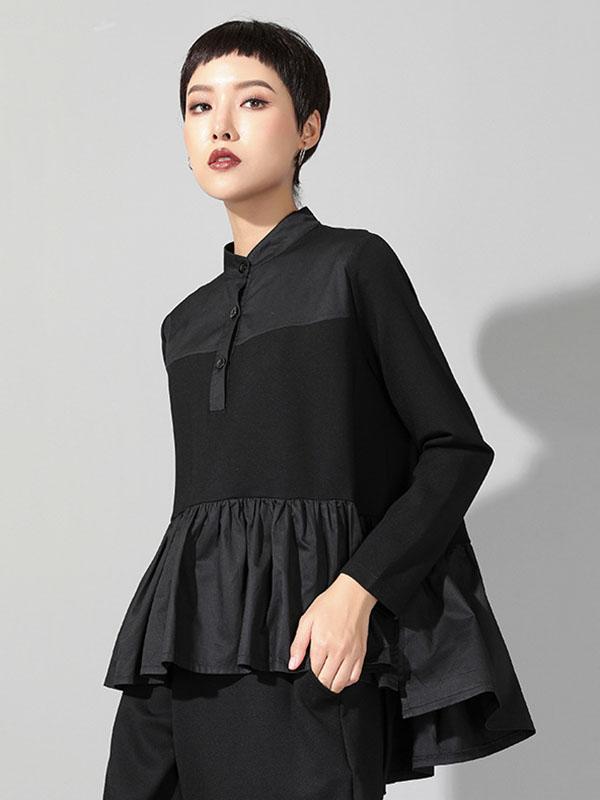 Original Creation Long Sleeves Loose Falbala Split-Joint Stand Collar T-Shirts Tops Product Image