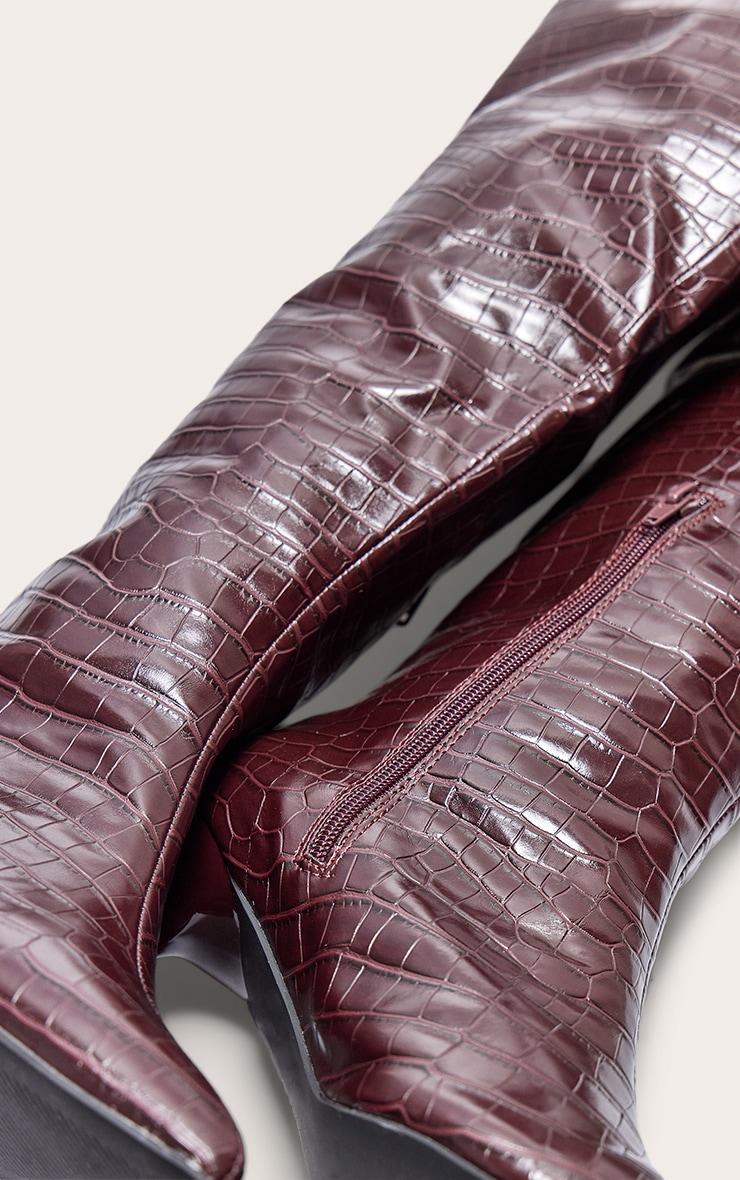 Burgundy Croc PU Point Toe Low Heel Knee High Boots Product Image
