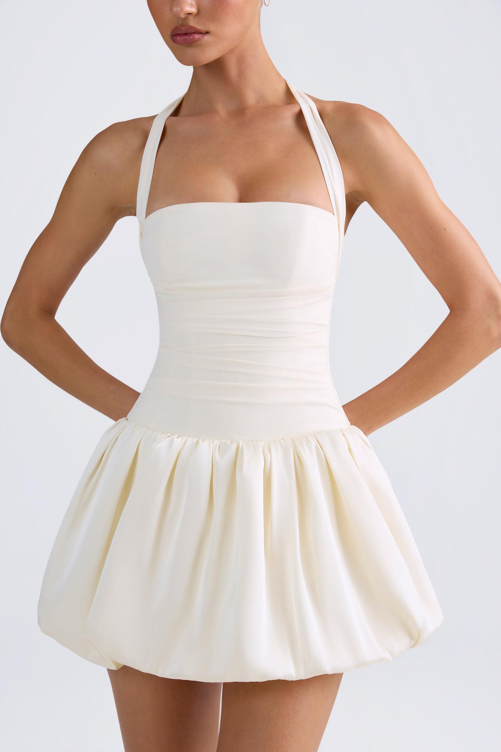 Halterneck Lace-Up Bubble Hem Corset Micro Mini Dress in Ivory Product Image