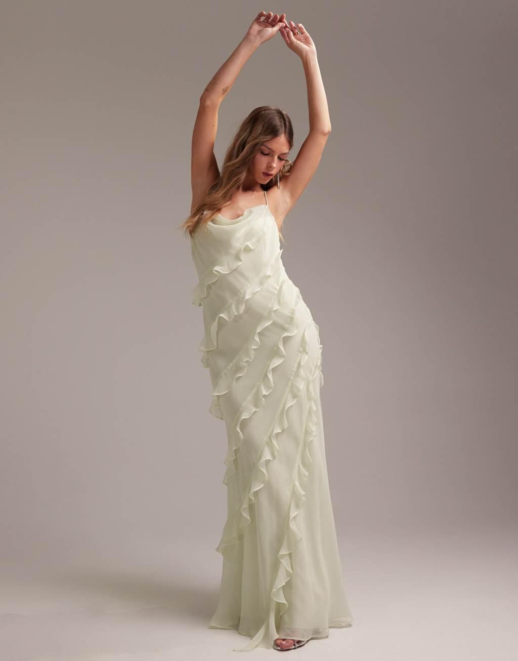 ASOS DESIGN Bridesmaids ruffle cami bias maxi dress in light green Product Image