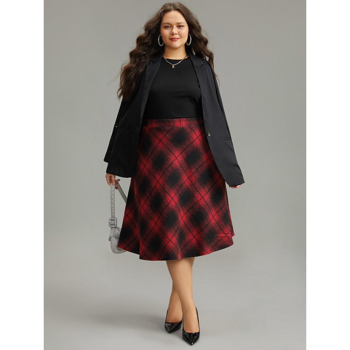 Plus Size Plaid Pocket Elastic Waist Skirt Women Red Casual A-line No stretch Pocket Everyday Skirts BloomChic 26/4X Product Image