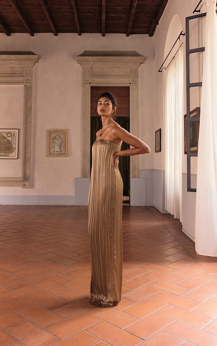 PLT Label Gold Plisse Satin Column Bandeau Maxi Dress Product Image