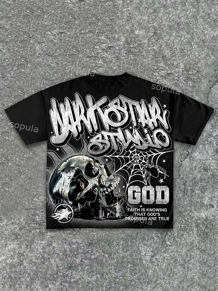 Darkstar-God's Skull Print Pattern Cotton T-Shirt Product Image
