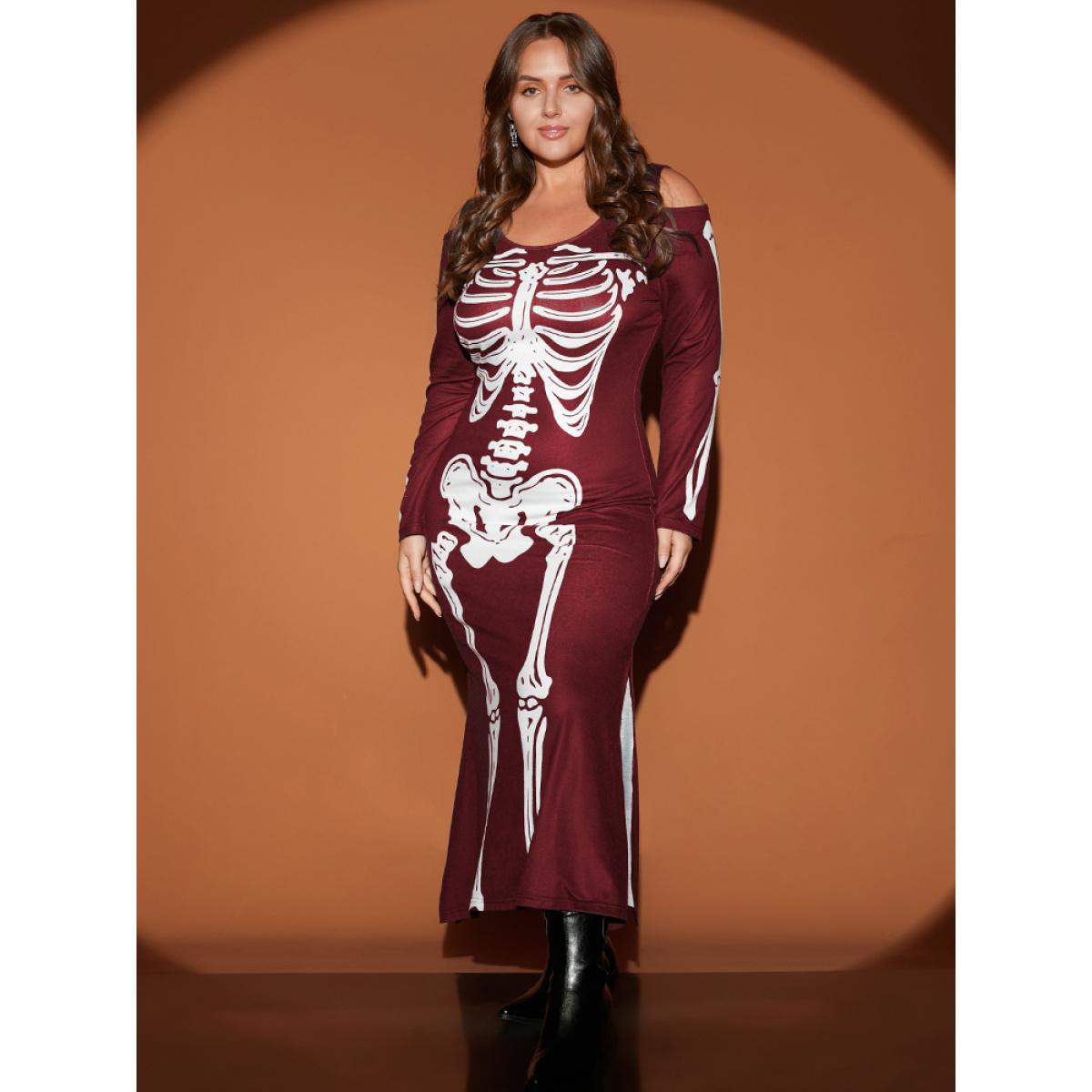 Plus Size Halloween Skeleton Print Cold Shoulder Split Hem Maxi Dress Burgundy Women Casual Printed Cold Shoulder Long Sleeve Curvy Long Dress BloomChic 12/L Product Image