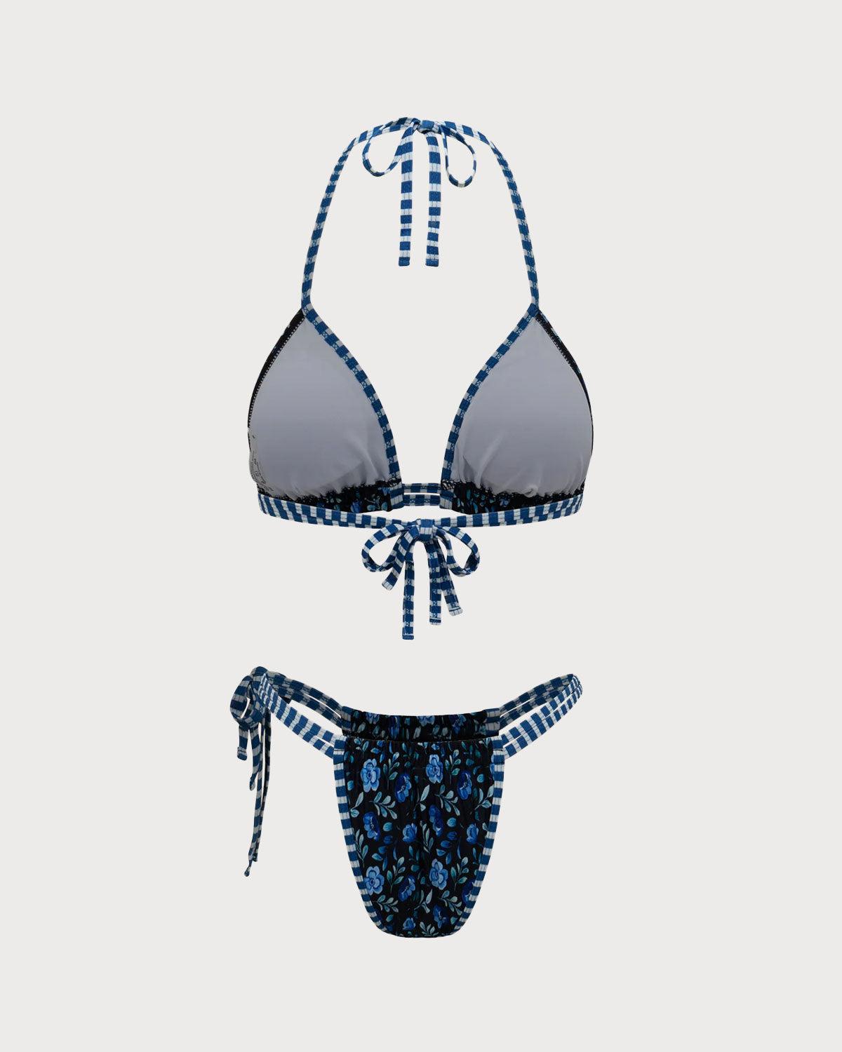Royal Blue Knit Print Contrast Bikini Set Product Image