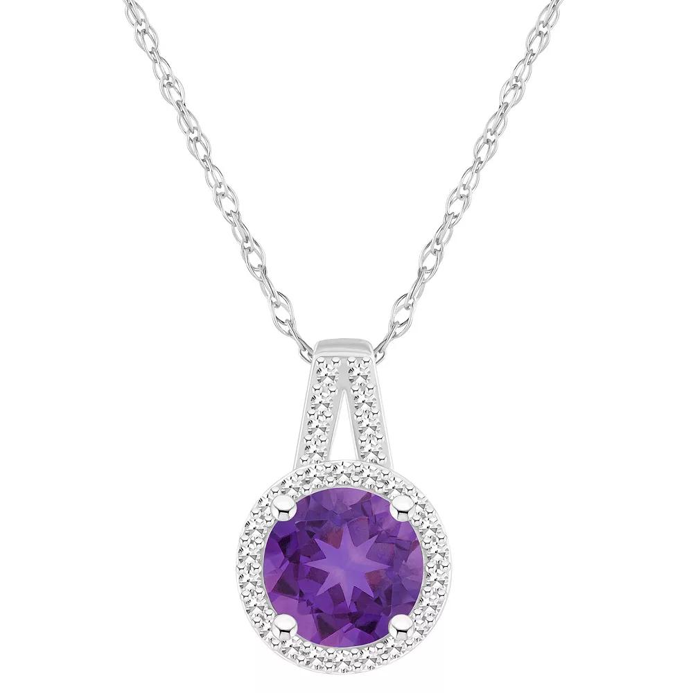 Celebration Gems Sterling Silver 7 mm Round Gemstone & 1/8 Carat T.W. Diamond Halo Pendant Necklace, Women's,  Product Image