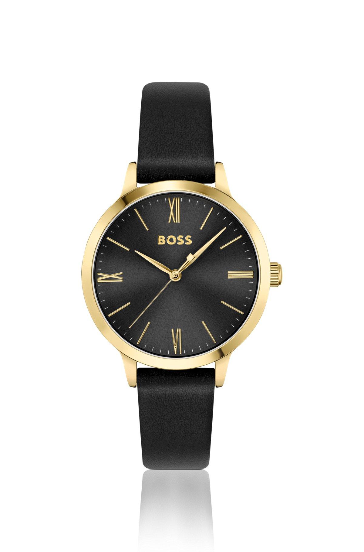 BOSS - Leather-strap watch with brushed black dial Product Image