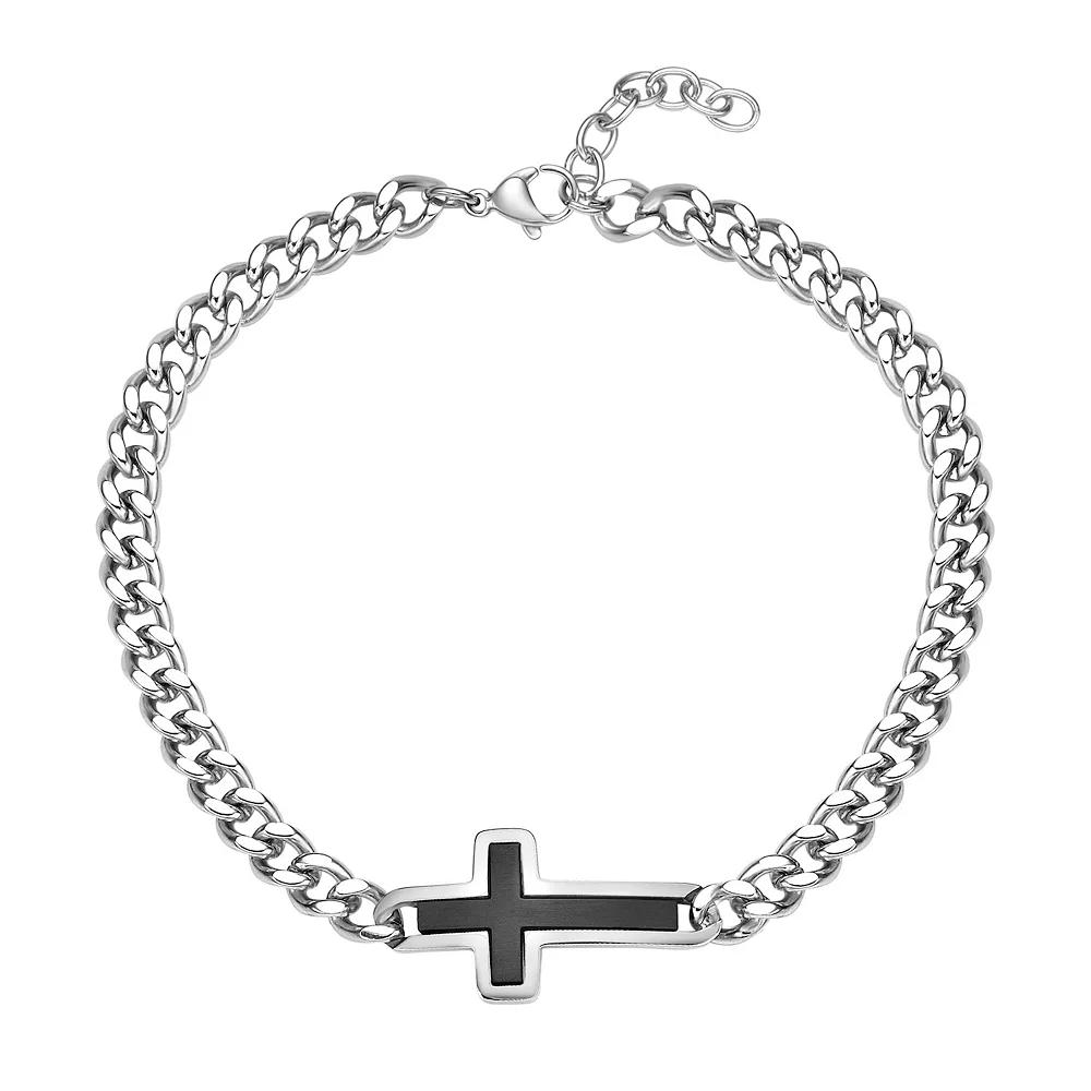 Men's LYNX Black Ion-Plated Stainless Steel Sideways Cross Curb Chain Bracelet, Size: 8.5" Product Image