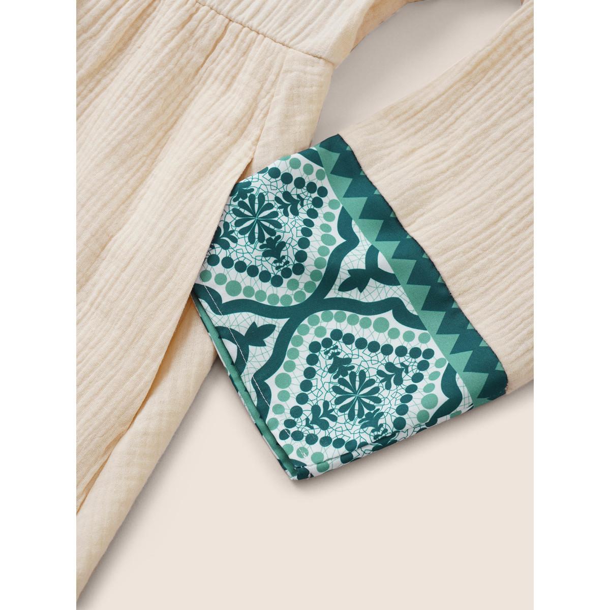 Plus Size Boho Print Patchwork Elastic Waist Texture Dress Apricot Women Resort Non V-neck Long Sleeve Curvy Knee Dress BloomChic 10/M Product Image