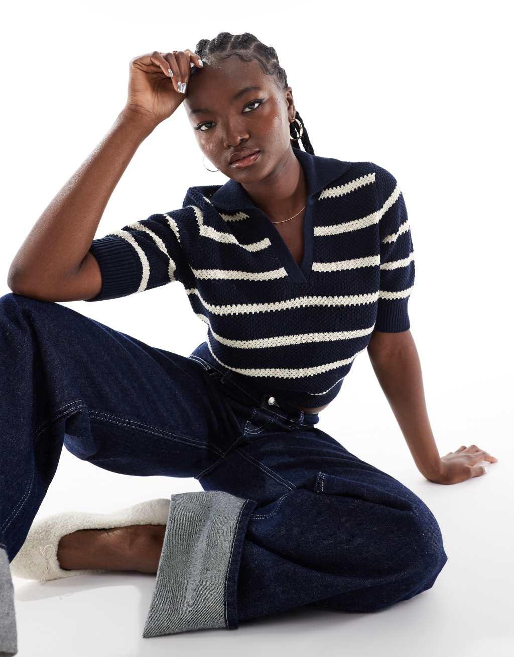 Vero Moda cotton knit striped polo top in navy Product Image