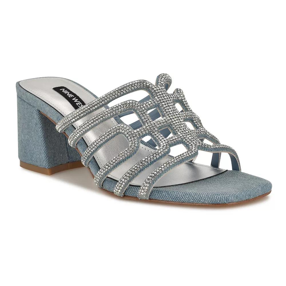 Nine West Grassa Women's Slip-On Block Heel Embellished Dress Sandals, Size: 7, Light Blue Blue Product Image