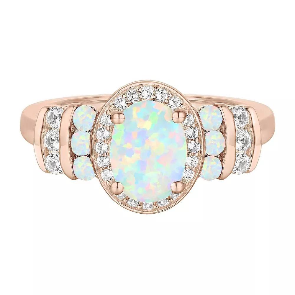 14k Rose Gold Over Silver Lab-Created Opal & Lab-Created White Sapphire Oval Halo Ring, Women's, Size: 7 Product Image
