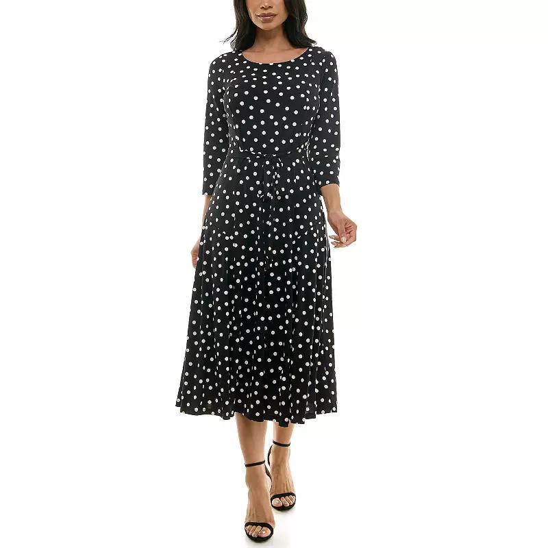 Women's Nina Leonard Belted 3/4 Sleeve Print Midi Dress, Size: Small, Blue Blue Ivory Product Image