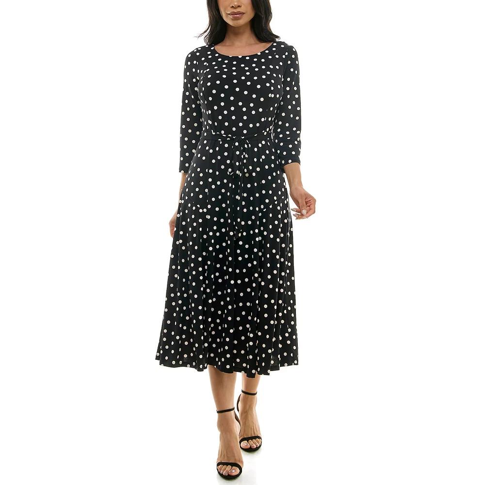 Women's Nina Leonard Belted 3/4 Sleeve Print Midi Dress, Size: Small, Blue Blue Ivory Product Image