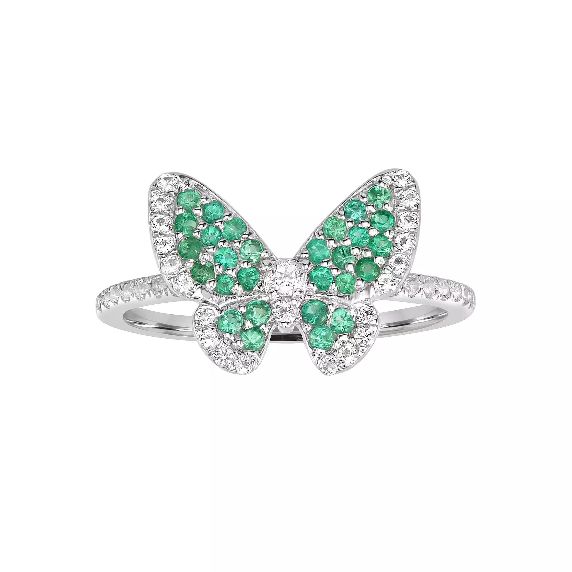 Gemistry 14k White Gold Gemstone & White Topaz Butterfly Stretch Ring, Women's, Size: 7, Green Product Image