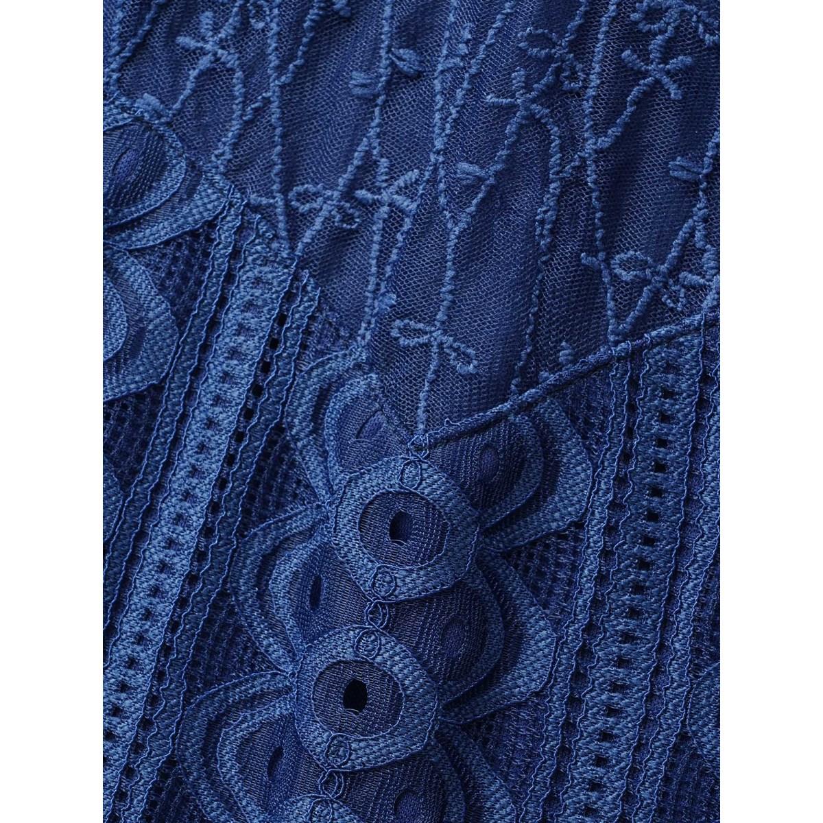 Plus Size Crochet Lace Mesh Raglan Sleeve Maxi Dress DarkBlue Women Formal Woven ribbon&lace trim Round Neck Short sleeve Curvy BloomChic 10/M Product Image