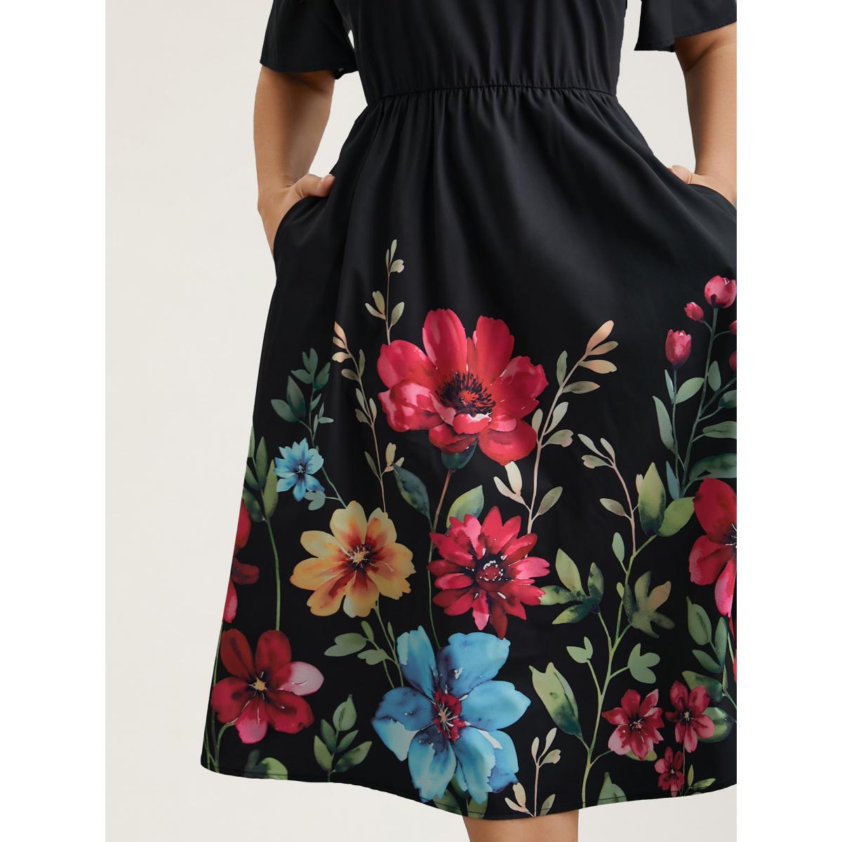 Plus Size Floral Print V-Neck Half-Sleeve Midi Dress Black Women Timeless Non V-neck Short sleeve Curvy BloomChic 12/L Product Image