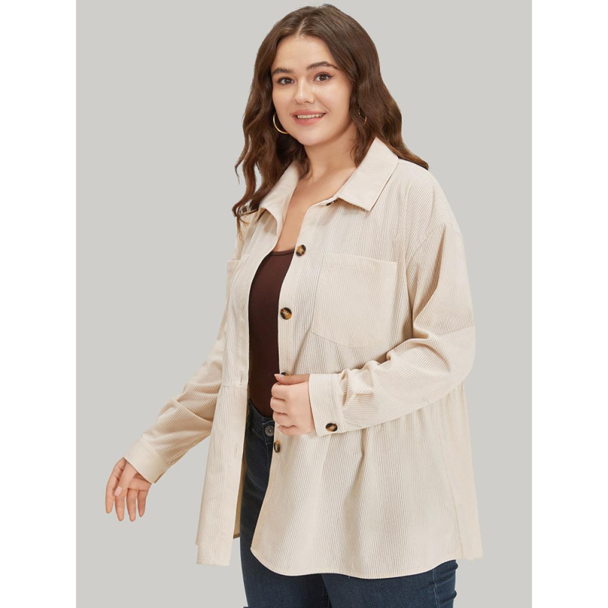 Plus Size Plain Shirt Collar Button Through Ruffle Hem Pocket Coat Women Beige Button Pocket Dailywear Jackets BloomChic 28/5X Product Image