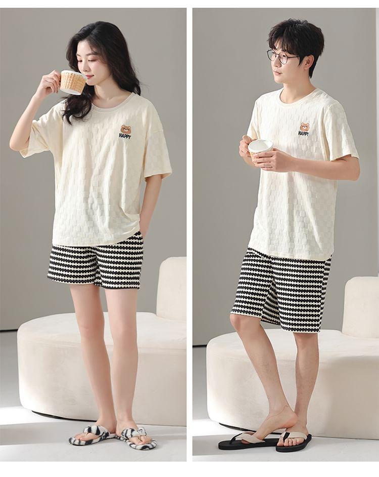 Couple Matching Pajama Set: Short-Sleeve Bear Print T-Shirt + Shorts Product Image