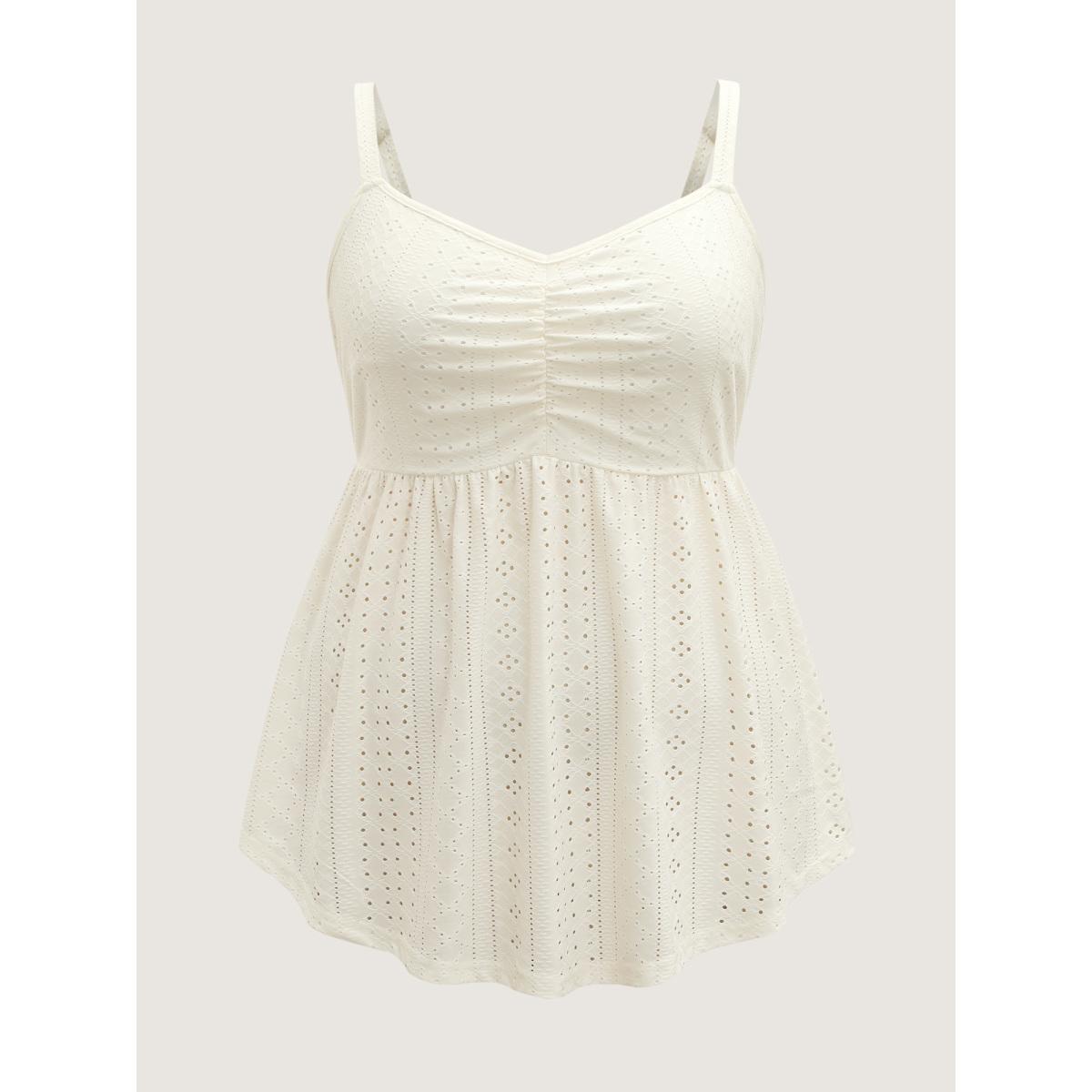 Plus Size Eyelet Trim Ruched Tank Top Women Beige Texture V-neck Everyday-Elegant Tank Tops Camis BloomChic 26/4X Product Image