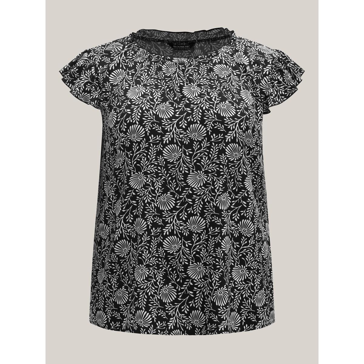 Plus Size Black Floral Print Ruffled Neck Blouse Women Cap Sleeve Mock Neck Vacation Blouses BloomChic 12/L Product Image