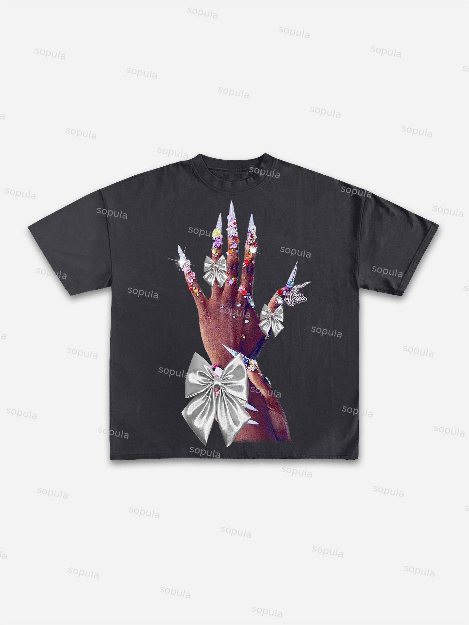 Diamond Decorated Hands Print Cotton T-shirt Product Image