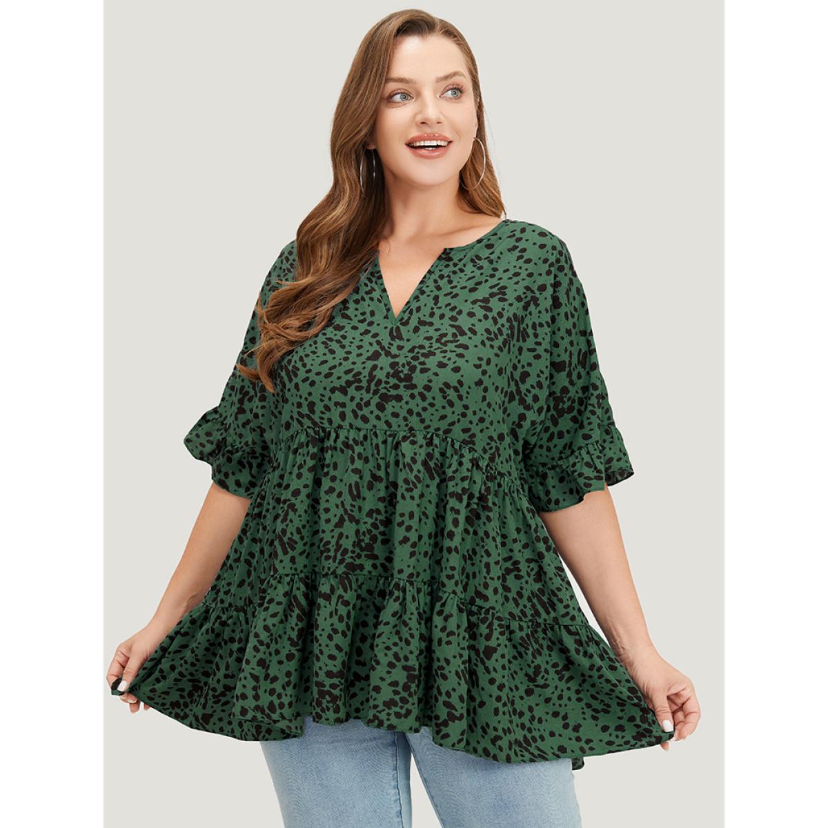 Plus Size Emerald Leopard Tiered Hem Notched Ruffle Sleeve Blouse Women Elegant Half Sleeve Notched collar Dailywear Blouses BloomChic 10/M Product Image